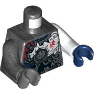Lego Torso, Odd Arms and Hands, Armor with Black, Dark Red, and Dark Blue Plates and Red Avengers Logo Print (Ultron MK1), Left White Arm and Dark Blue Hand, Right Pearl Titanium Arm and Dark Bluish Gray Hand / Pearl Titanium