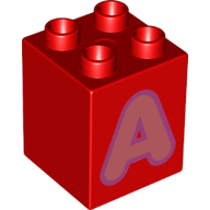 Lego Duplo Brick 2 x 2 x 2 with Coral 'A' Print / Red