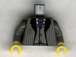 Torso Suit Jacket Open with Light Gray Pinstripes and Black Lapels over Silver Vest and White Undershirt, Blue Tie Pattern / Dark Gray Arms / Yellow Hands