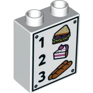 Duplo Brick 1 x 2 x 2 with Cake, Sandwich, Baguettes, '1', '2', and '3' Print / White