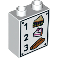 Lego Duplo Brick 1 x 2 x 2 with Bottom Tube and Cake, Sandwich, Baguettes, '1', '2', and '3' Print / White