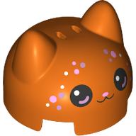 Lego Brick Round 2 x 2 Dome Top with 2 Ears with Cat Face, Bright Pink Nose, Black Eyes, Pink Dots print / Reddish Orange