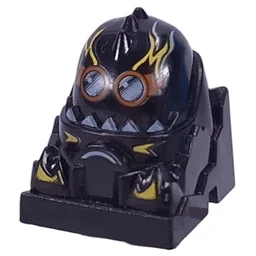 Racer Driver Head, Brick Special 2 x 2 Round, Goggles, Yellow Flames, White Teeth Print (Duster) / Black