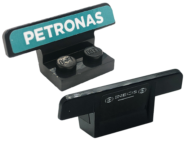 Lego Vehicle, Spoiler 1 x 4 on 1 x 2 Base with White 'PETRONAS' on Dark Turquoise Background and White 'INEOS' Pattern (Stickers) - Set 76909
