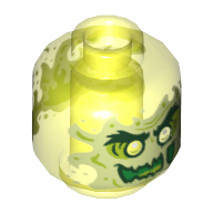 Lego Minifig Head Ghost, with Yellowish Green Face, Glass Eye, Evil Grin, Flames in Back Print / Trans-Neon Green