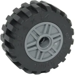 Wheel 18mm D. x 14mm with Pin Hole, Fake Bolts and Shallow Spokes with Black Tire 30.4 x 14 Offset Tread - Band Around Center of Tread (55981 / 92402) / Dark Bluish Gray