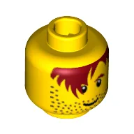 Minifig Head Aquaraider / Soccer Player, Male Red-Brown Hair over Eye, One Eyebrow, Stubble, White Pupils Print [Blocked Open Stud] / Yellow