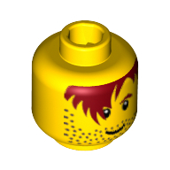 Lego Minifig Head Aquaraider / Soccer Player, Male Red-Brown Hair over Eye, One Eyebrow, Stubble, White Pupils Print [Blocked Open Stud] / Yellow