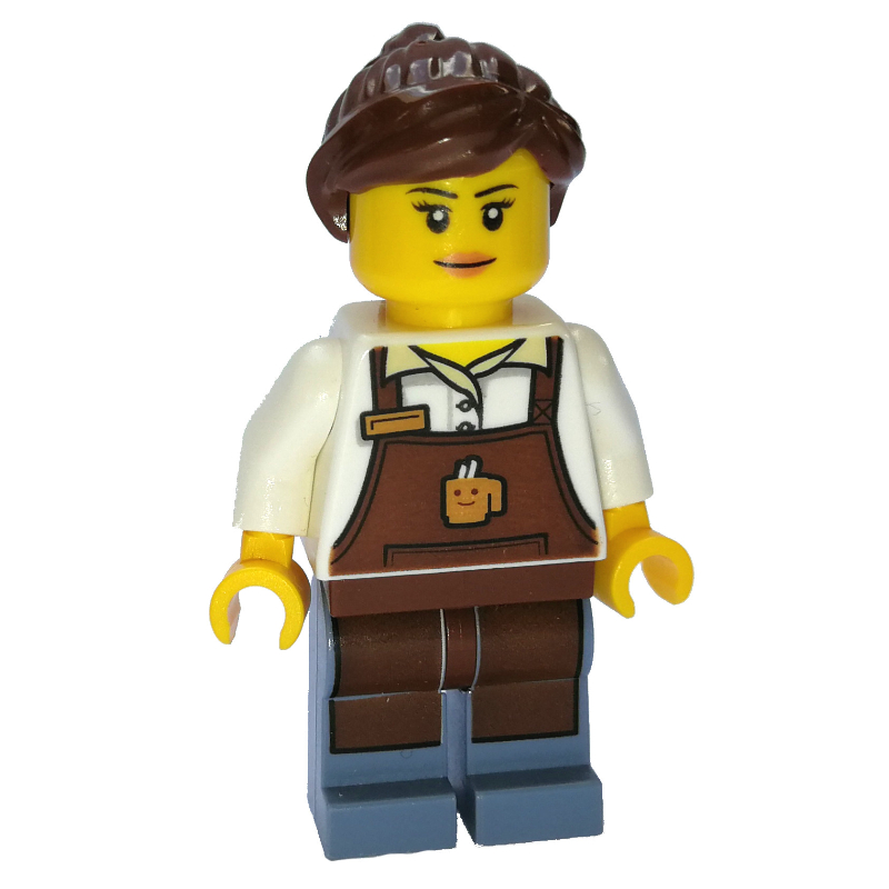 Lego Barista, Woman, White Torso, Reddish Brown Apron, Reddish Brown Hair