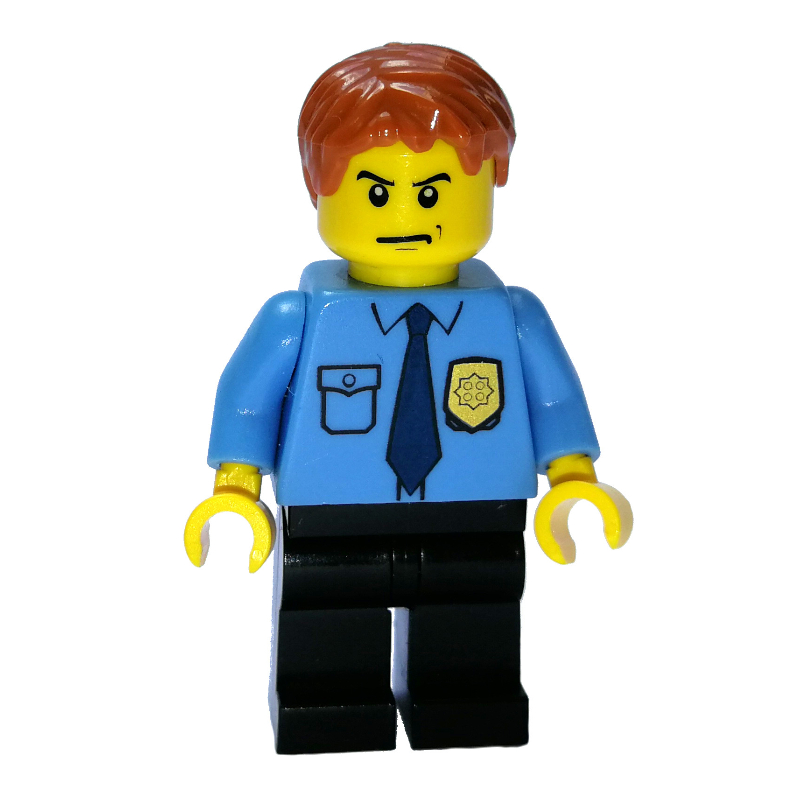 Lego Policeman, Medium Blue Shirt with Badge and Tie, Black Legs, Dark Orange Hair