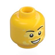 Lego Minifig Head, Black Eyebrows, Tan Vitiligo, Chin Dimple, Open Mouth Crooked Smile / Yellow