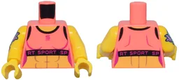 Torso Female Crop Top, Black Trim, Magenta 'SPORT' over Yellow Bare Skin with Muscles Pattern / Yellow Arm Left / Yellow Arm Right with Flower Tattoo Pattern / Yellow Hands