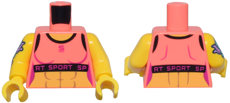 Lego Torso Female Crop Top, Black Trim, Magenta 'SPORT' over Yellow Bare Skin with Muscles Pattern / Yellow Arm Left / Yellow Arm Right with Flower Tattoo Pattern / Yellow Hands