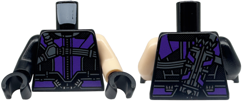 Lego Torso Suit with Purple Highlights and Straps / Quiver on Back Pattern (Hawkeye) / Light Nougat Arm Left / Black Arm Right / Black Hands