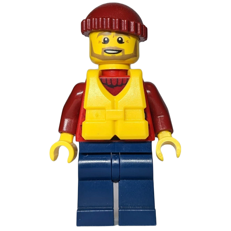Lego Man, Open Red Jacket over Dark Red Sweater, Dark Red Hat, Yellow Life Vest, Beard