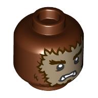 Lego Minifig Head Werewolf, Dark Tan Furry Face, Dark Brown Eyebrows, Scared / Happy Print / Reddish Brown