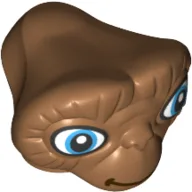 Minifig Head Special, Alien with Wide Medium Blue Eyes and Dark Brown Closed Smile Print (E.T.) / Medium Nougat