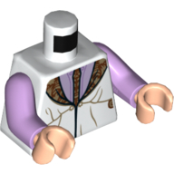 Lego Torso Robe, Dark Tan/Reddish Brown Collar, Lavender Undershirt Print, Lavender Arms, Light Nougat Hands / White