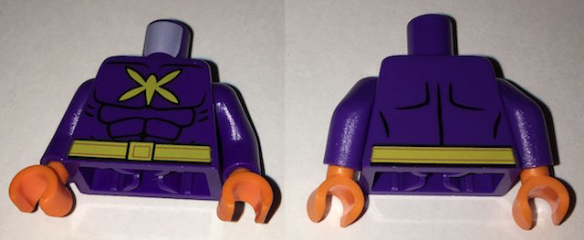 Lego Torso Batman Muscles Outline with Yellow Killer Moth Logo and Belt Pattern / Dark Purple Arms / Orange Hands
