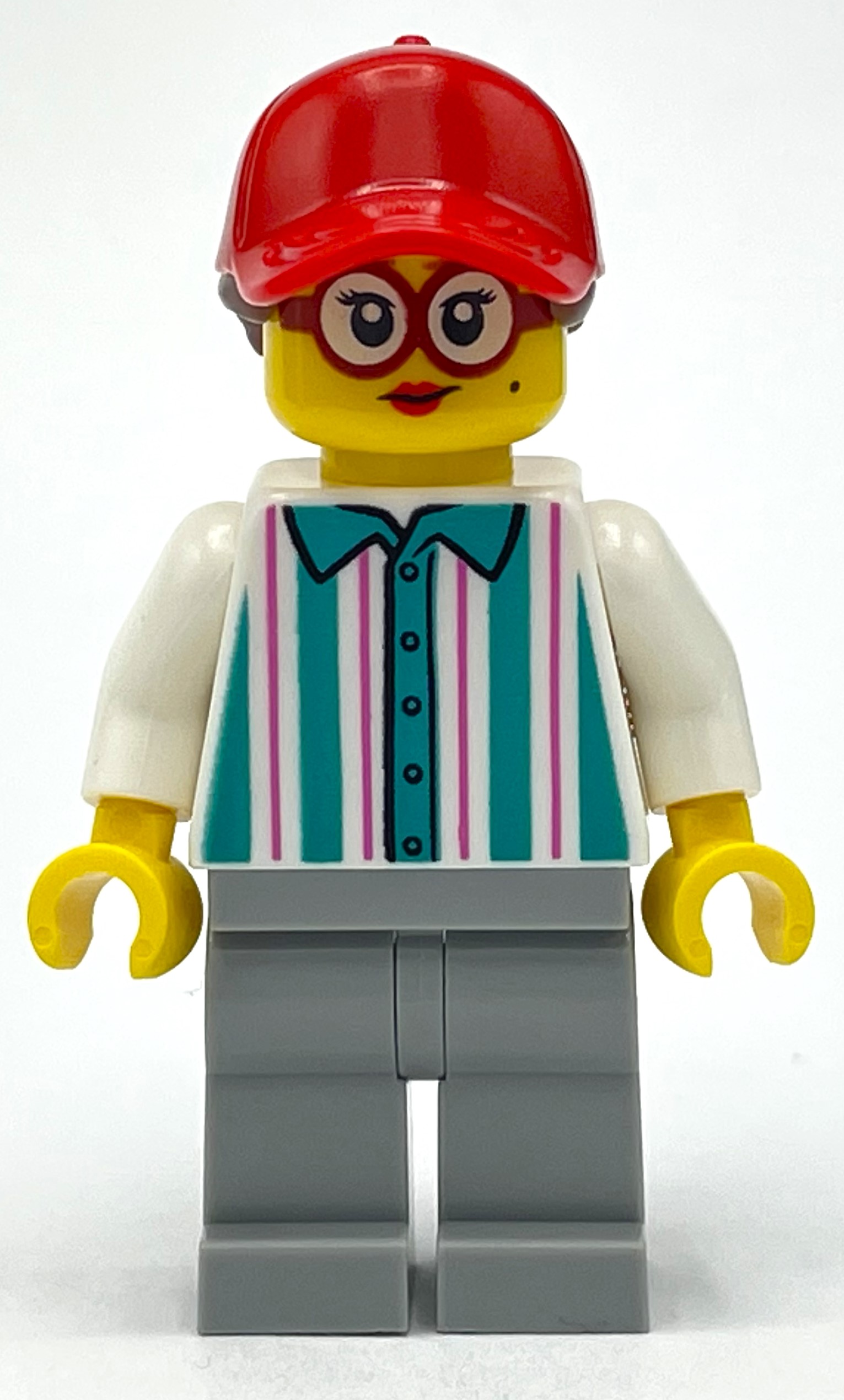 Lego White/Dark Turquoise Torso, Light Bluish Grey Legs, Red Cap with Reddish Brown Hair