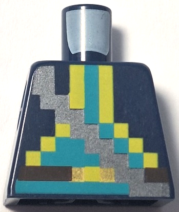 Lego Torso Pixelated Silver Strap over Vest with Yellow Trim, Dark Turquoise Shirt, Dark Brown Belt Pattern