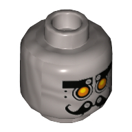 Lego Minifig Head Chef Eclair, Yellow Robot Eyes, Curly Moustache Print [Hollow Stud] / Flat Silver