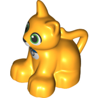 Lego Duplo Animal Cat / Kitten Sitting, Green Eyes, White Stitch Lines and Whiskers, Collar Print / Bright Light Orange