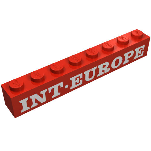 Lego Brick 1 x 8 with 'INT-EUROPE' Serif White Print / Red