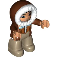 Duplo Figure with Fur-lined Hood - Nougat Face and Hands - Reddish Brown Parka - Dark Tan Legs / Reddish Brown