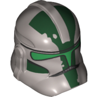 Lego Helmet Clone Trooper Phase 2, Closed Front, Dark Green Markings Print (Commander Gree) / Flat Silver