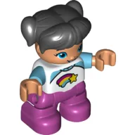 Duplo Figure Child with Ponytails and Bangs Black, with Dark Pink Legs, White and Medium Azure Top with Shooting Star Print / White