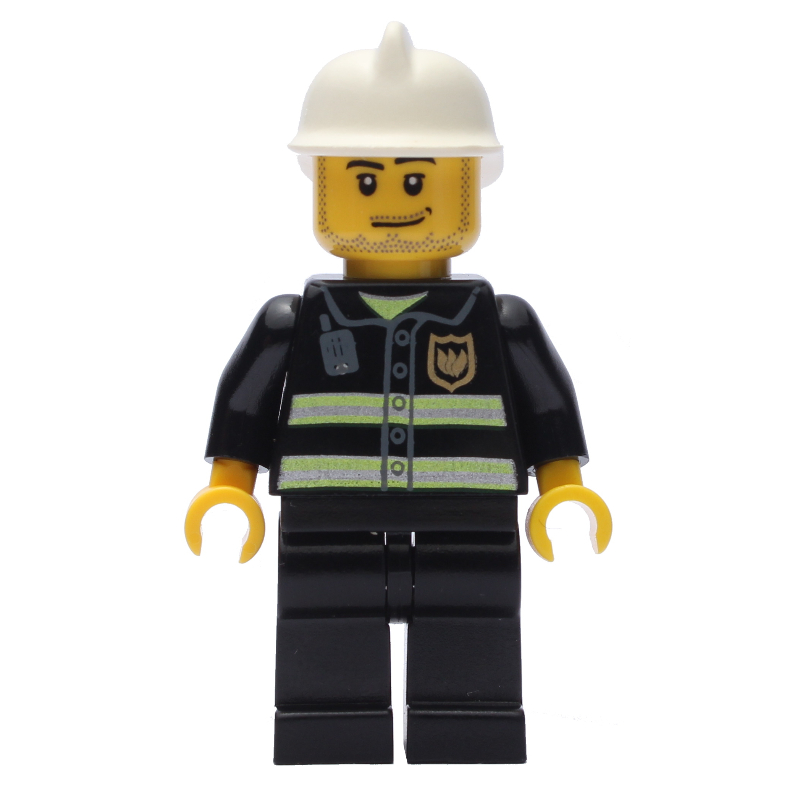 Lego Fireman with Reflective Stripes and Radio, White Fire Helmet, and Beard Stubble
