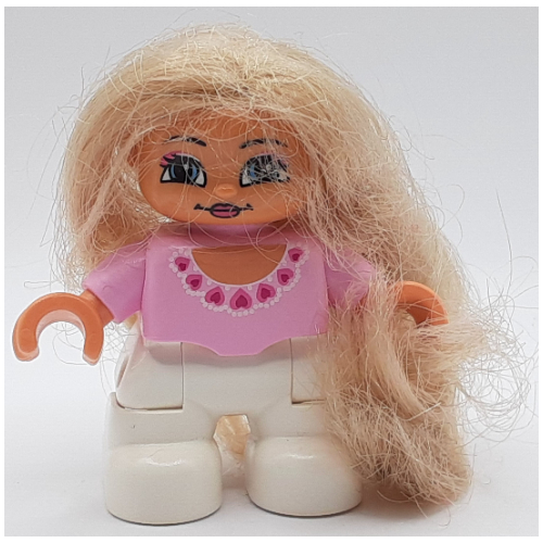 Lego Duplo Figure with Soft Hair Blonde, White Legs, Round Neck with Dark Pink Hearts Print / Bright Pink