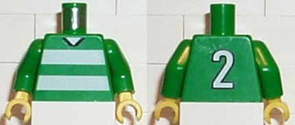 Lego Torso Soccer Uniform Shirt with White Horizontal Stripes, Neck, and Number  2 on Back Pattern / Green Arms / Yellow Hands