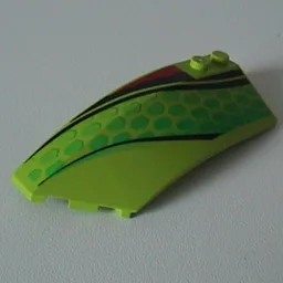 Brick Wedged, Curved 8 x 3 x 2 Open Left with Red and Black Stripes and Green Scales Print / Lime