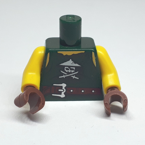 Lego Torso Tunic, Belt, Ninja Skull, Crossed Swords Print, Yellow Arms, Reddish Brown Hands / Dark Green