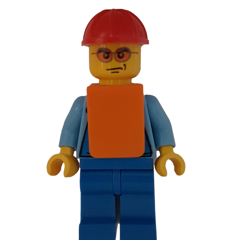 Lego Man, Blue Overalls over Shirt, Red Hard Hat, Orange Vest, Orange Sunglasses