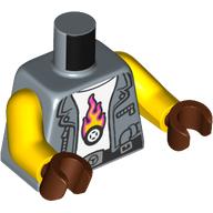 Lego Torso, Jacket, Black Belt, White Shirt with Flaming Tire print, Yellow Arms, Reddish Brown Hands / Sand Blue