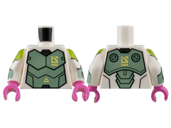 Lego Torso Armor Sand Green Breastplate, Bright Light Yellow Triangle and Logo Pattern / White Arms with Lime and Sand Green Armor Pattern / Dark Pink Hands