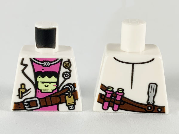 Lego Torso Female Lab Coat over Dark Pink Undershirt with Frankenstein Design and Reddish Brown Belt Pattern