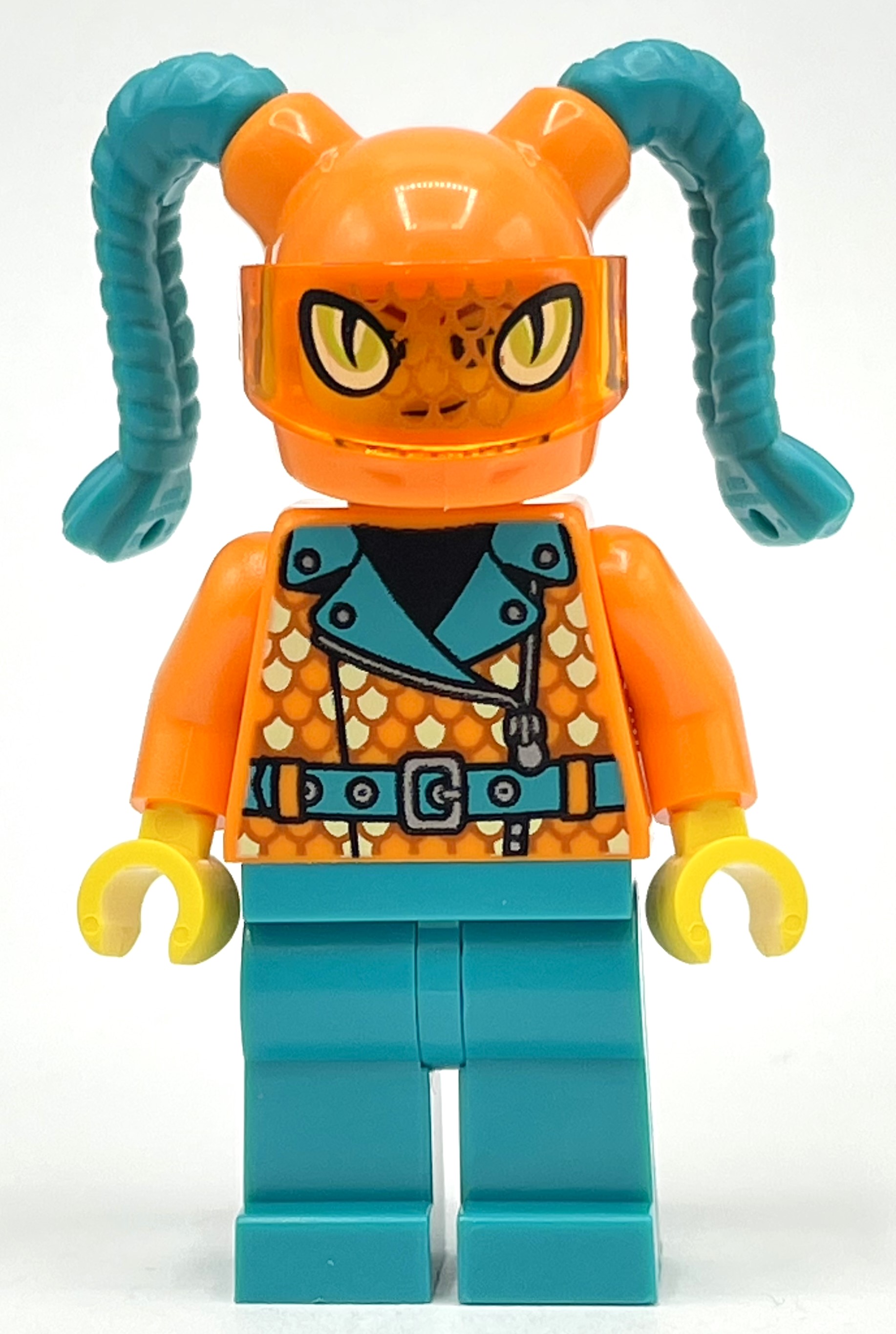 Lego Orange Torso, Dark Turquoise Legs, Orange Helmet with Dark Turquoise Braids