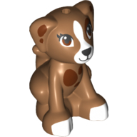 Lego Animal, Dog, Small Sitting with Reddish Brown Eyes and Spots, Black Nose with White Blaze, Muzzle and Paws Print (Lara) / Medium Nougat