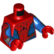 Lego Torso Bodysuit, Webbing, Black Spider / Red Spider print, Blue Arms with Red Webbing and Wrist Device Print, Red Hands / Red