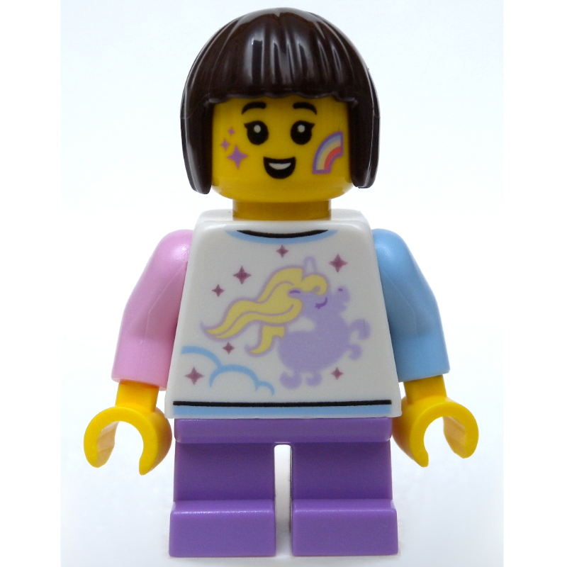 Lego Girl, White Shirt with Unicorn, Short Medium Lavender Legs, Star and Rainbow Face Paint