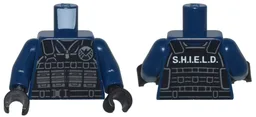Torso Black Tactical Vest with Silver Ammo Pouches and Buckle, Light Bluish Gray Shield Logo and White 'S.H.I.E.L.D.' Pattern / Dark Blue Arms / Black Hands