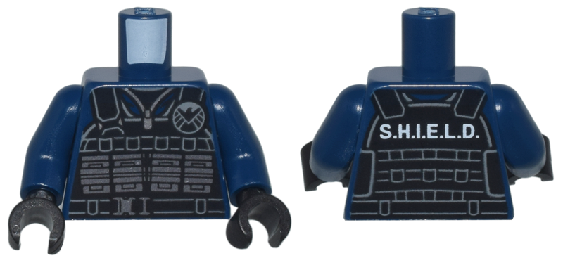 Lego Torso Black Tactical Vest with Silver Ammo Pouches and Buckle, Light Bluish Gray Shield Logo and White 'S.H.I.E.L.D.' Pattern / Dark Blue Arms / Black Hands