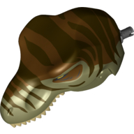 Lego Animal Body Part, Dinosaur, Tyrannosaurus Rex Head with Pin, Tan Teeth, Reddish Brown Top and Dark Brown Stripes Print / Olive Green