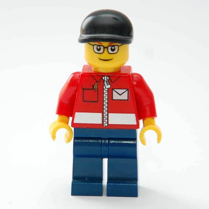 Lego Postal Worker, Red Jacket with Zipper and Letter Logo, Dark Blue Legs, Black Cap, Glasses