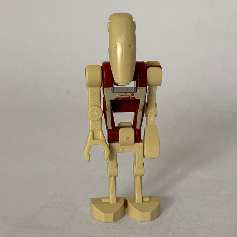 Lego Battle Droid Security, Dark Red Torso with Tan Print and Three Red Dots, One Bent Arm, One Straight Arm