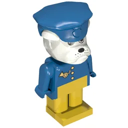 Fabuland Figure Boris Bulldog with White Head, Gold Buttons, Blue Arms and Hands, Yellow Legs and Blue Postman Hat / Blue